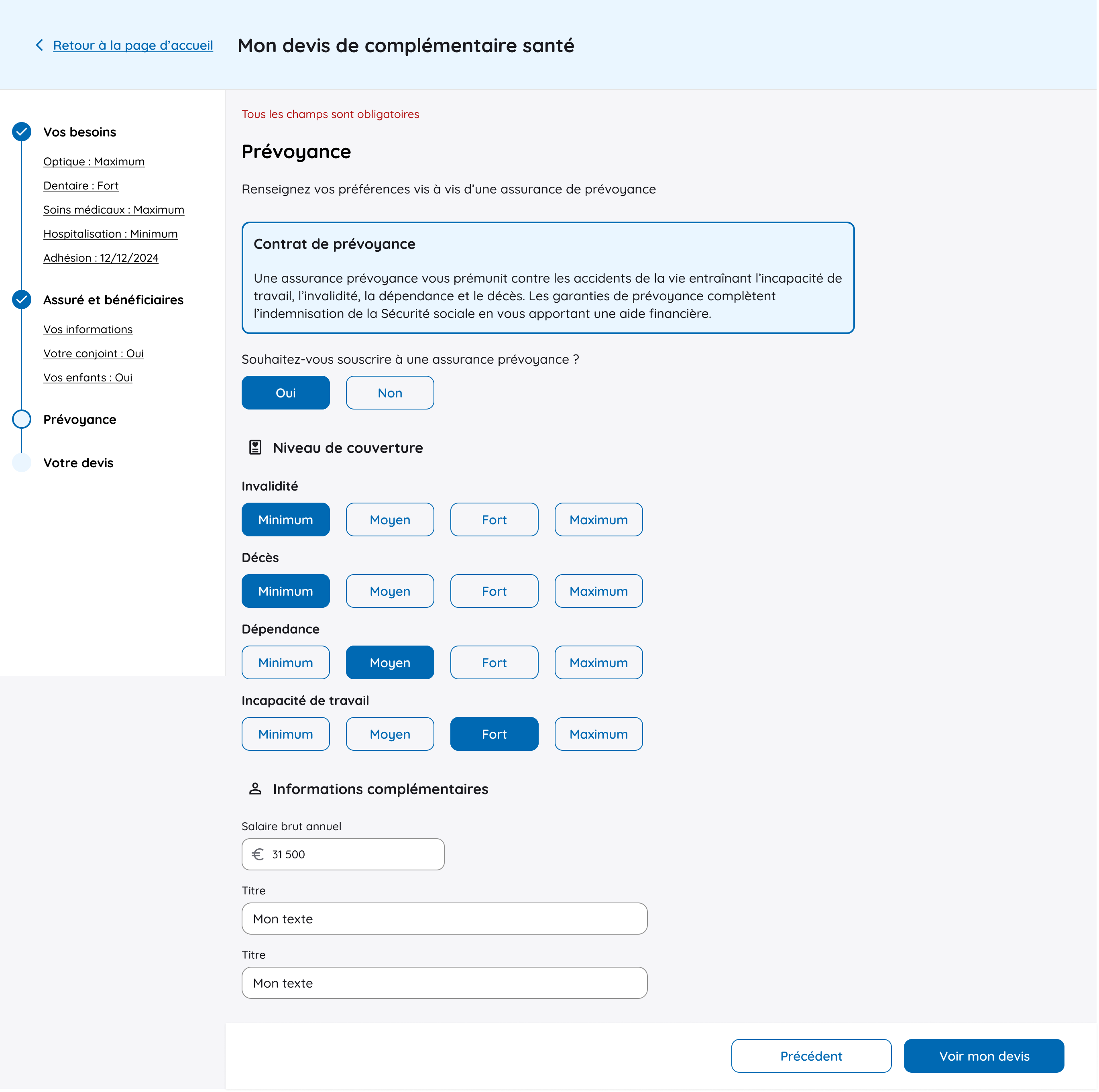 Configuration des garanties de prévoyance dans le tunnel de vente
